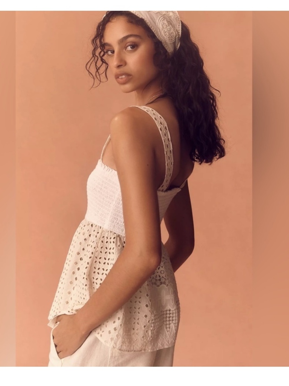 Anthropologie Ivory Smocked Peplum Tank XS Eyelet Lace Texture Details L👀K - Picture 2 of 13